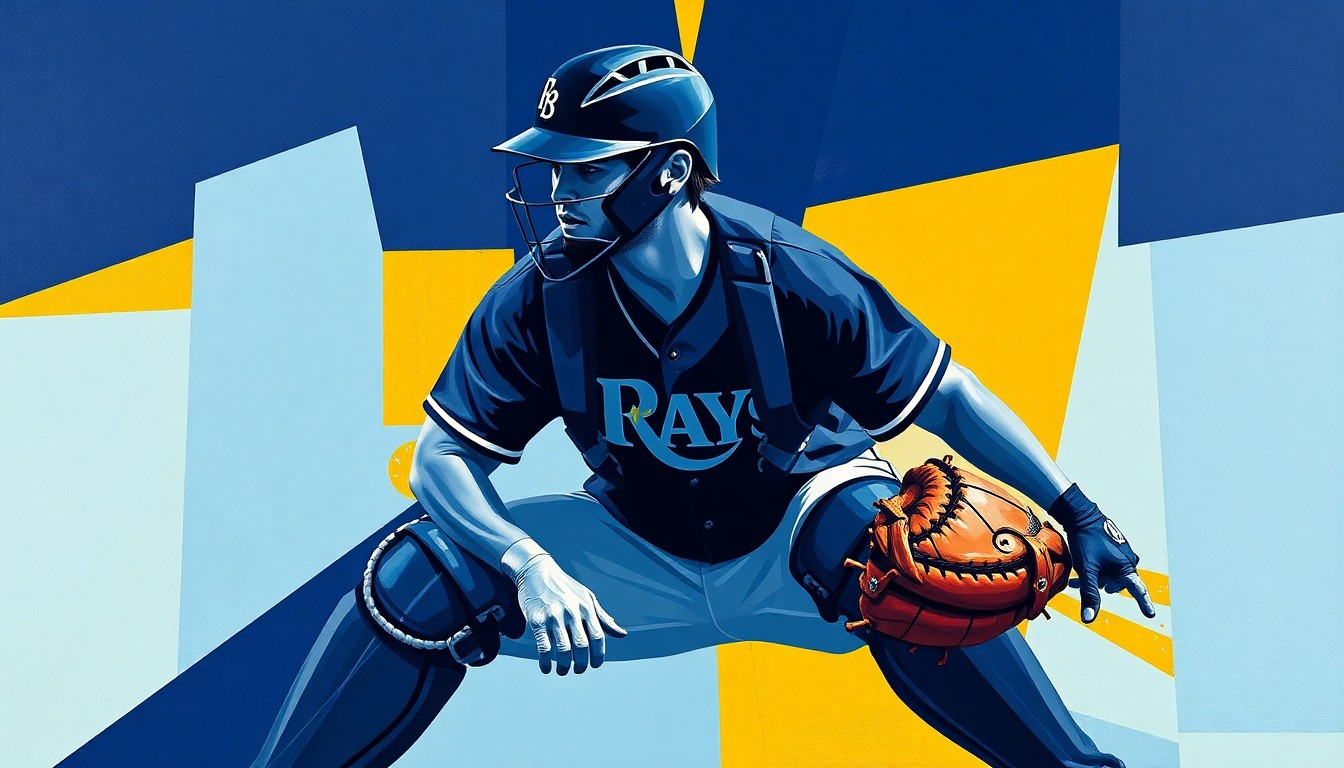 A cubist-style painting depicting the geometric shapes and planes of a baseball catcher's stance and movements, rendered in the official colors of the Tampa Bay Rays.