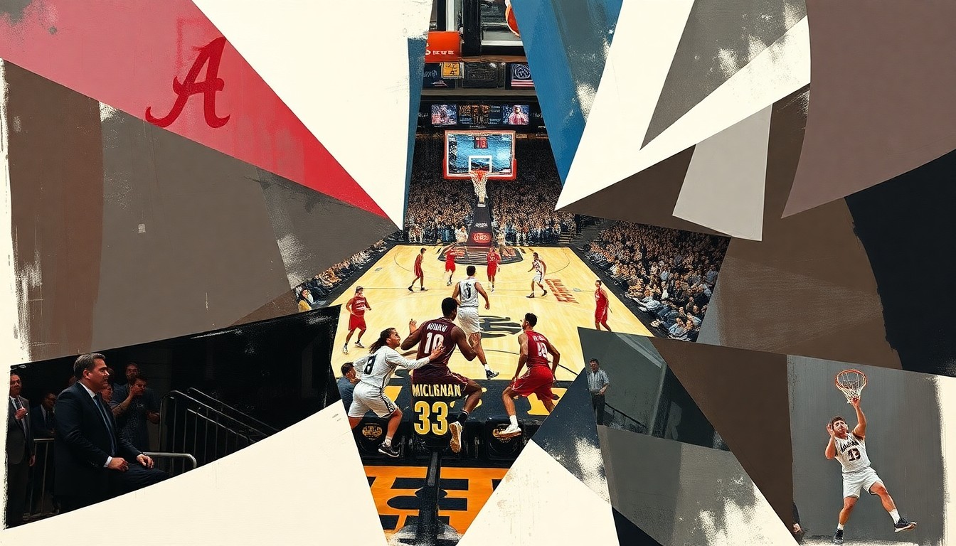 A fragmented, geometric painting depicting the final moments of a college basketball game, with the players' movements and the intensity of the competition expressed through an angular, cubist composition.