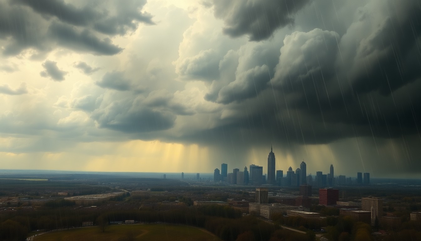 A sweeping, atmospheric landscape painting depicting a stormy, rain-soaked Kansas City skyline, with the city's iconic buildings and structures dwarfed by the dramatic, turbulent clouds and heavy rainfall.