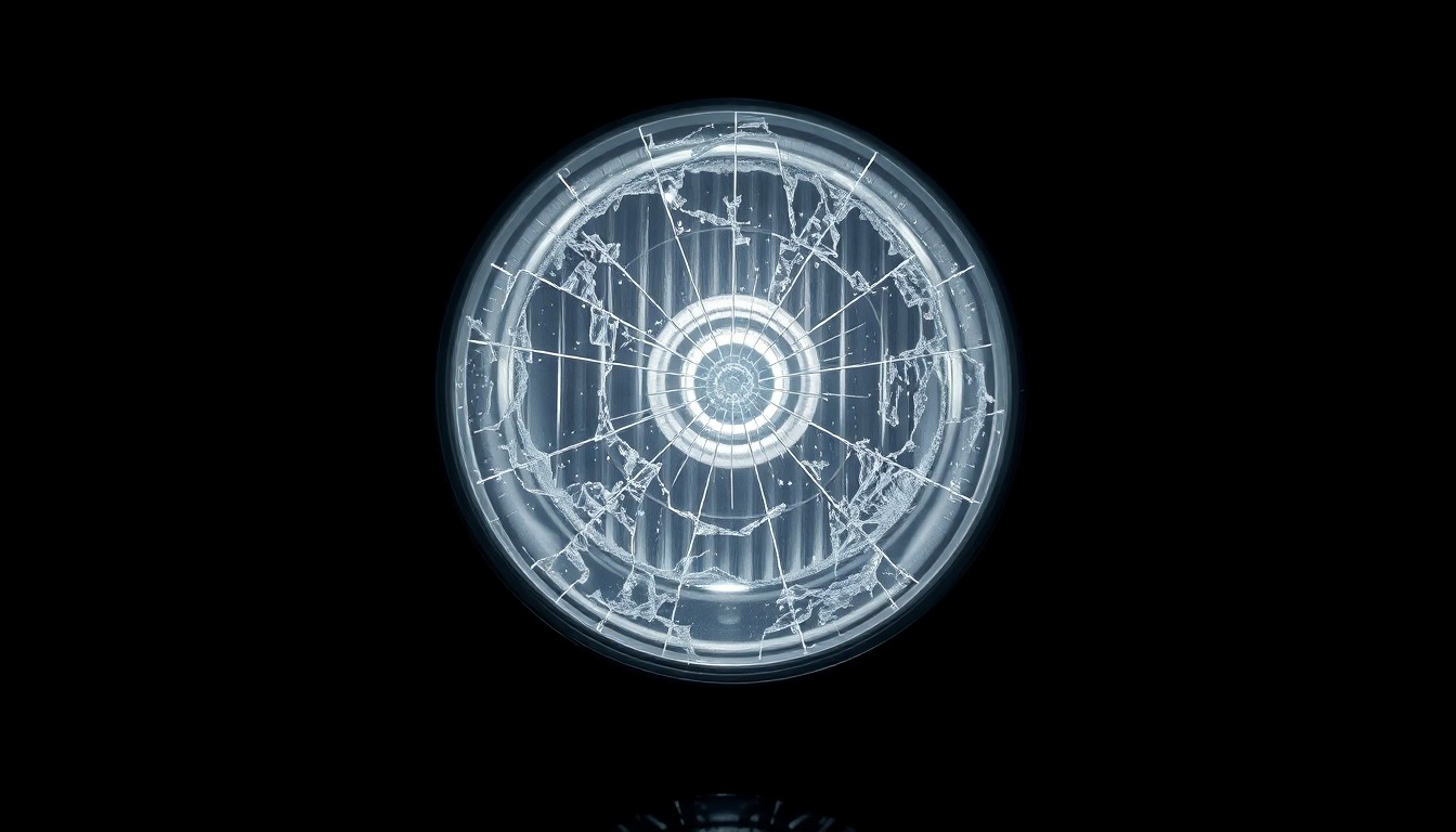 An extreme close-up of a shattered motorcycle headlight lens reflecting a harsh, direct flash of light, conceptually illustrating the devastating impact of a vehicle collision involving a motorcycle.