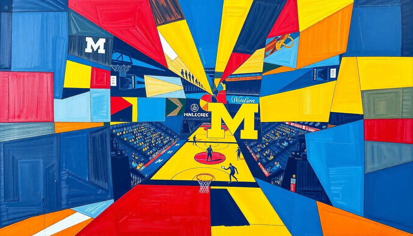 A cubist, geometric painting depicting the dynamic action of a college basketball game, with sharp, overlapping planes of blue, maize, and red representing the Michigan Wolverines.