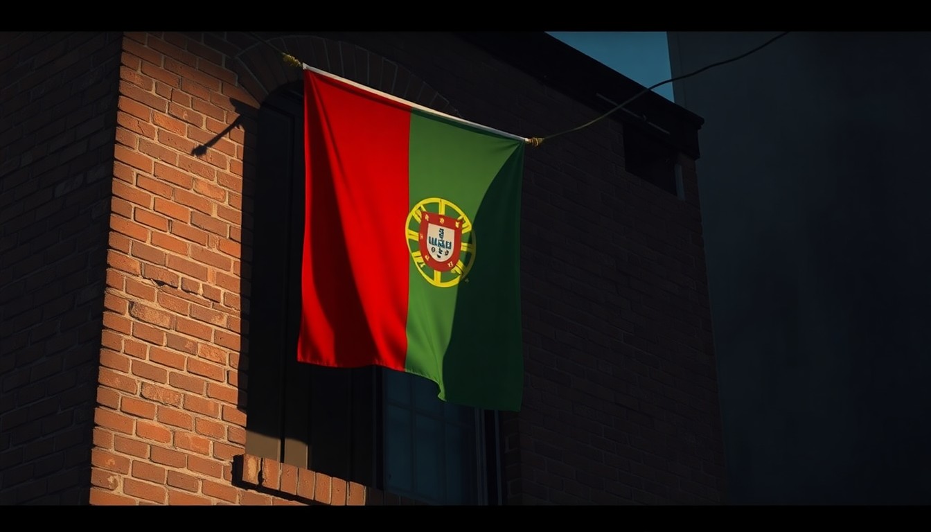 A serene, nostalgic painting of a solitary Portuguese flag hanging from a brick building in Newark, the warm sunlight and deep shadows evoking a sense of quiet contemplation about the loss of a cherished community leader.