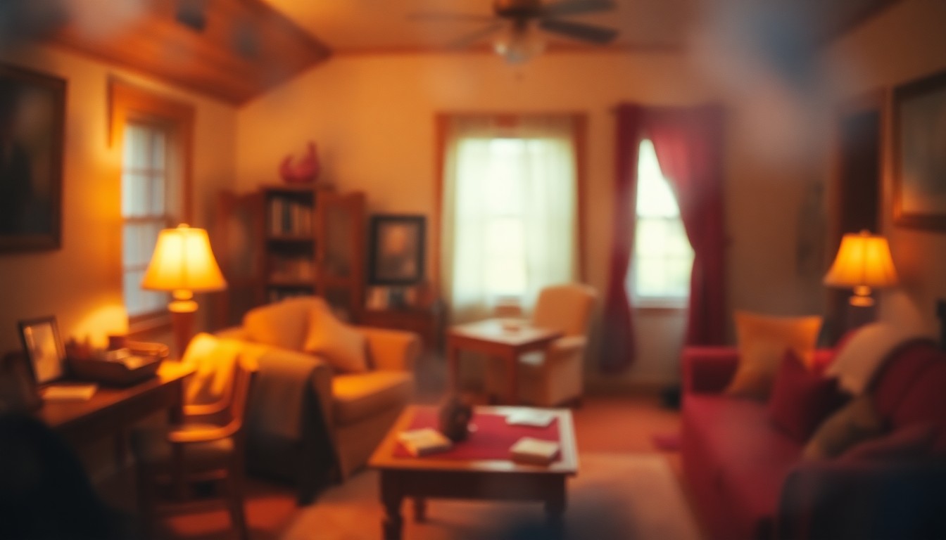 An extremely blurred, impressionistic scene of soft, glowing light and muted colors, evoking the cozy, intimate atmosphere of a small-town home filled with the traces of a lifetime of crafting and family memories.