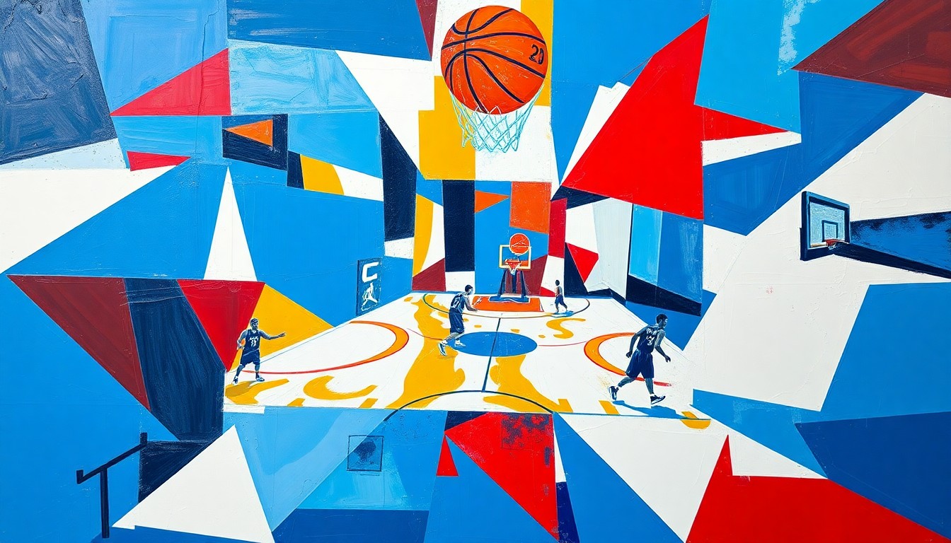 A cubist, geometric painting depicting a basketball game in progress, with sharp, overlapping planes of blue, white, and red representing the action on the court.