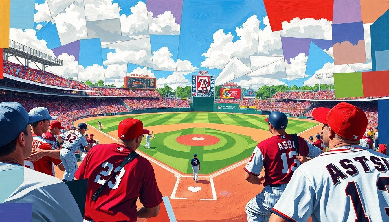 A cubist, geometric painting depicting a baseball game in motion, with overlapping shapes and planes of bright team colors representing the dynamic action on the field.