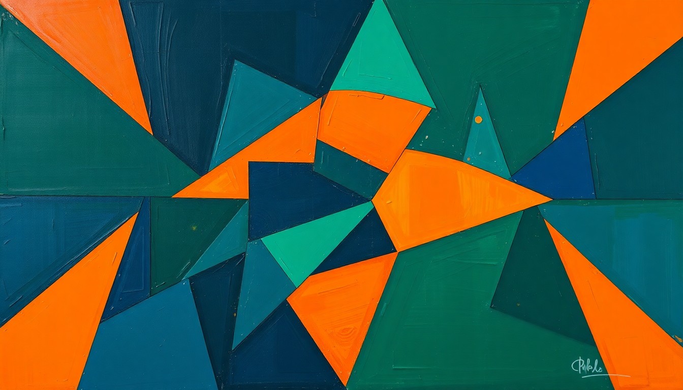 A cubist, geometric painting depicting a fragmented basketball game or match, with sharp, overlapping planes of navy blue, forest green, and burnt orange, conceptually representing the potential shakeup in the NBA if Giannis Antetokounmpo is traded.