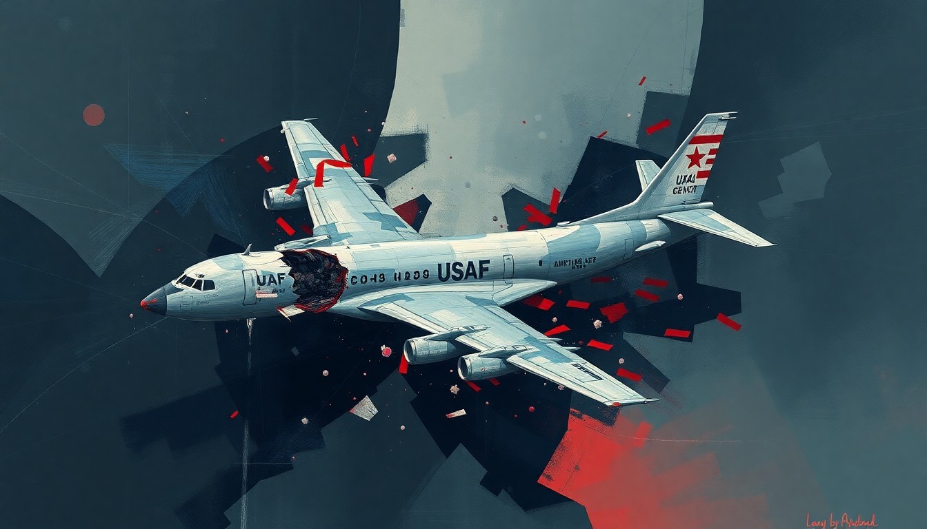 An abstract, heavily textured painting in shades of blue, grey, and red, depicting the fractured, overlapping forms of a damaged AWACS aircraft, conveying the chaos and destruction of the attack.
