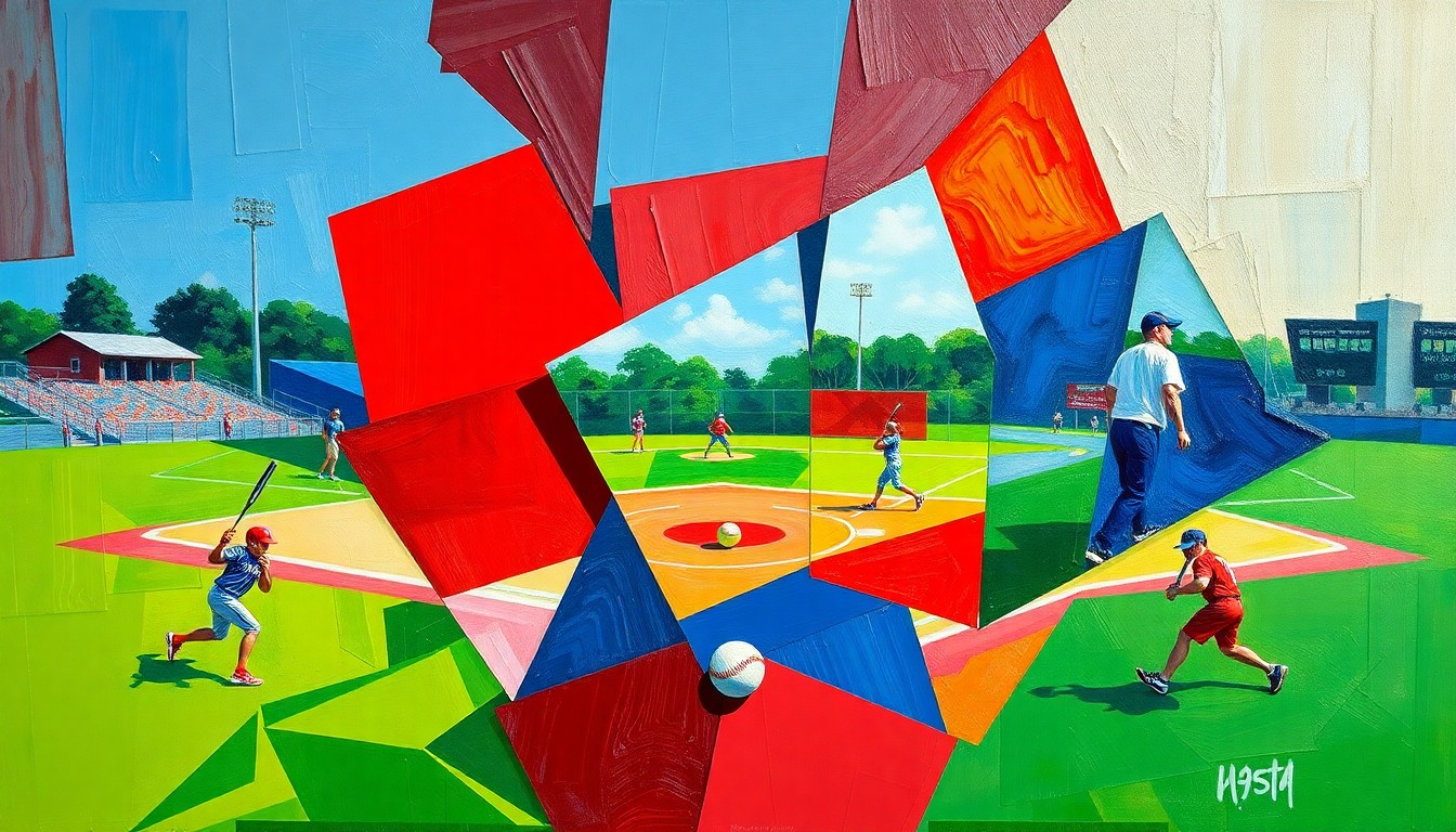 A fragmented, cubist-style painting depicting a high school softball game, with sharp geometric shapes and planes of color representing the players, field, and motion of the sport.