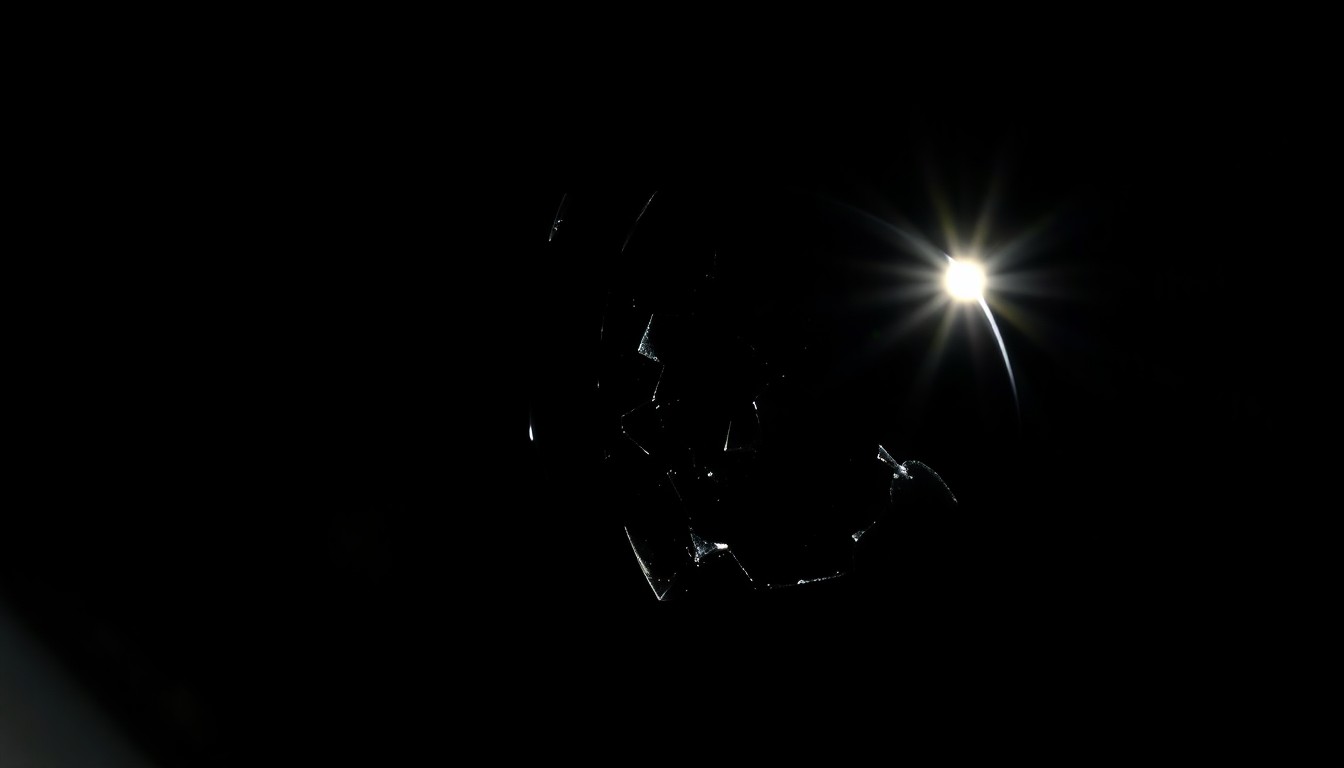 An extreme close-up photograph of a shattered car side mirror reflecting the faint outline of a cyclist's helmet, creating a stark, gritty, investigative aesthetic.