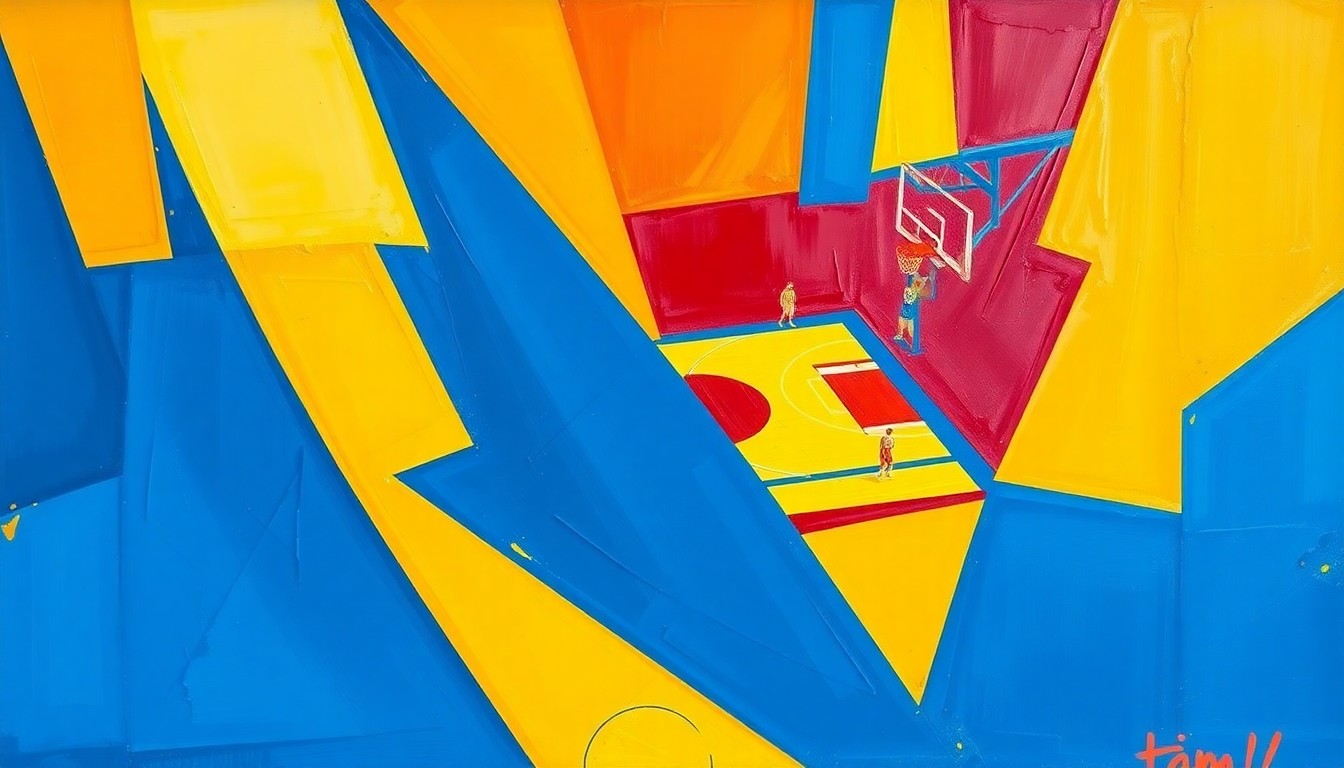 A fragmented, cubist-style painting depicting a college basketball game, with the court and players broken down into sharp, overlapping geometric shapes in a bold color palette, conveying the intensity and multiple viewpoints of the Final Four.