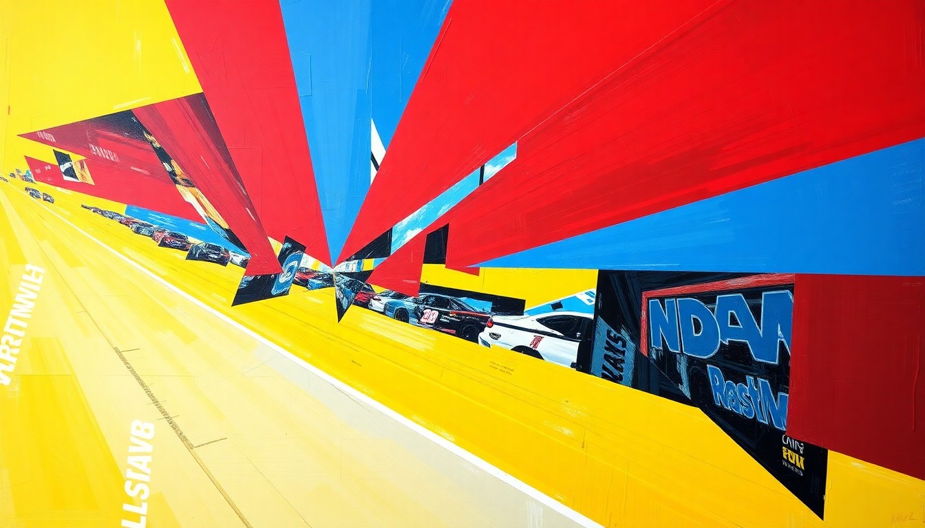 A cubist, geometric painting depicting the intense action of a NASCAR race, with overlapping shapes and planes of color representing the cars, track, and energy of the competition.