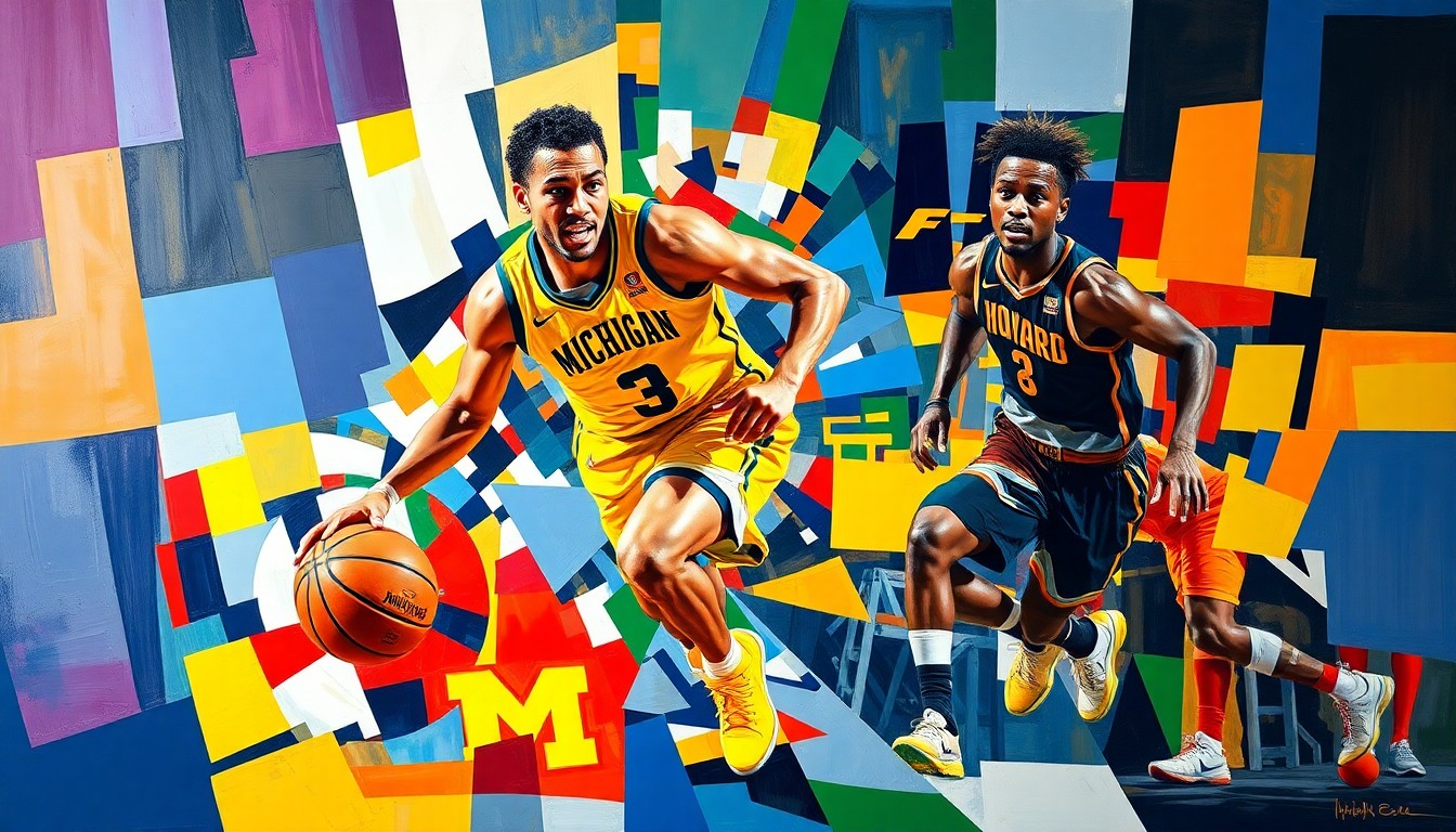 A cubist, geometric painting depicting a basketball player in motion, with sharp, overlapping shapes and planes in the team colors of Michigan and Howard, capturing the energy and movement of the game.