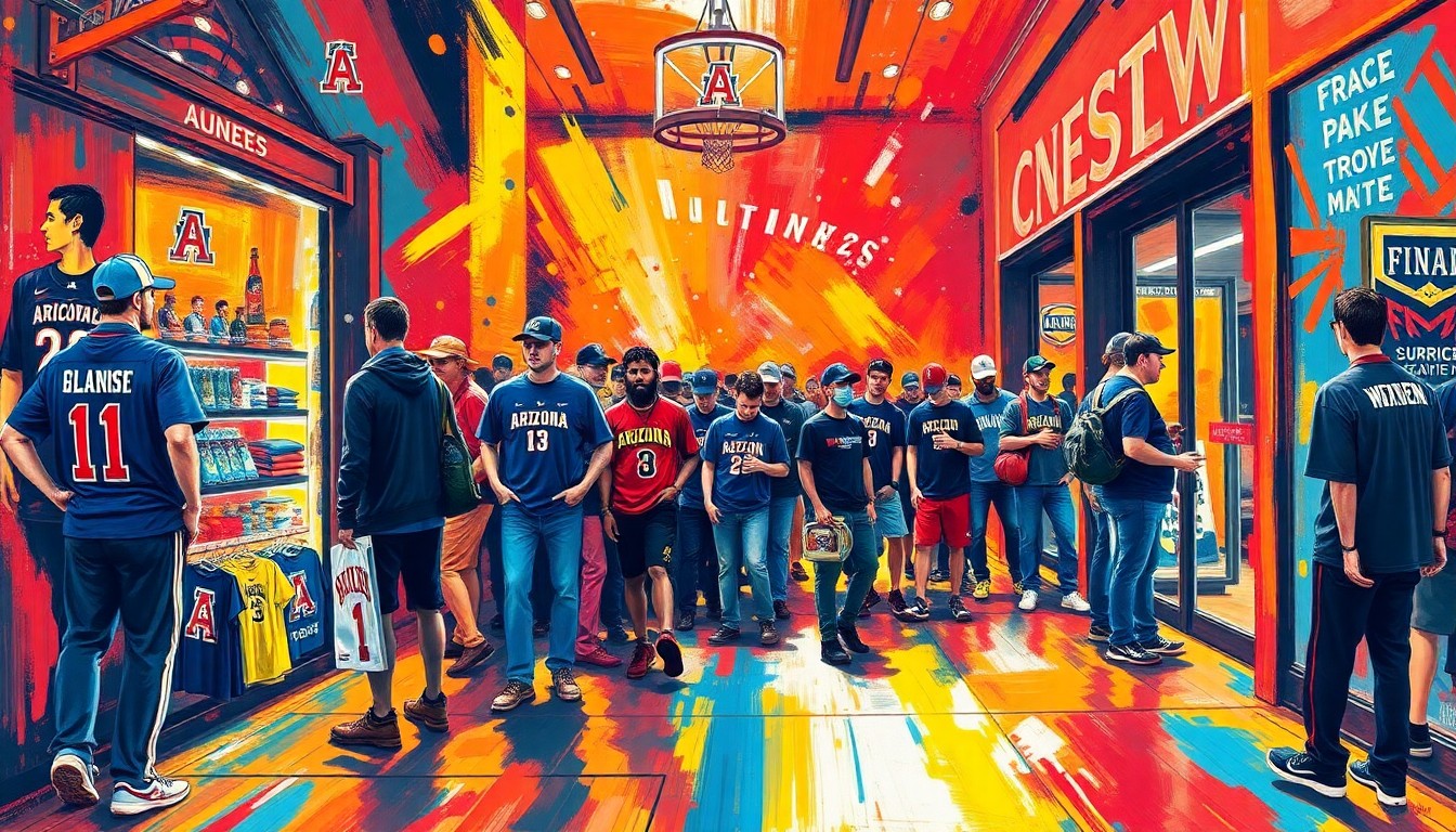 An abstract, energetic painting featuring bold, neon-colored brushstrokes that convey the excitement and enthusiasm of University of Arizona basketball fans purchasing Final Four merchandise at the campus store.