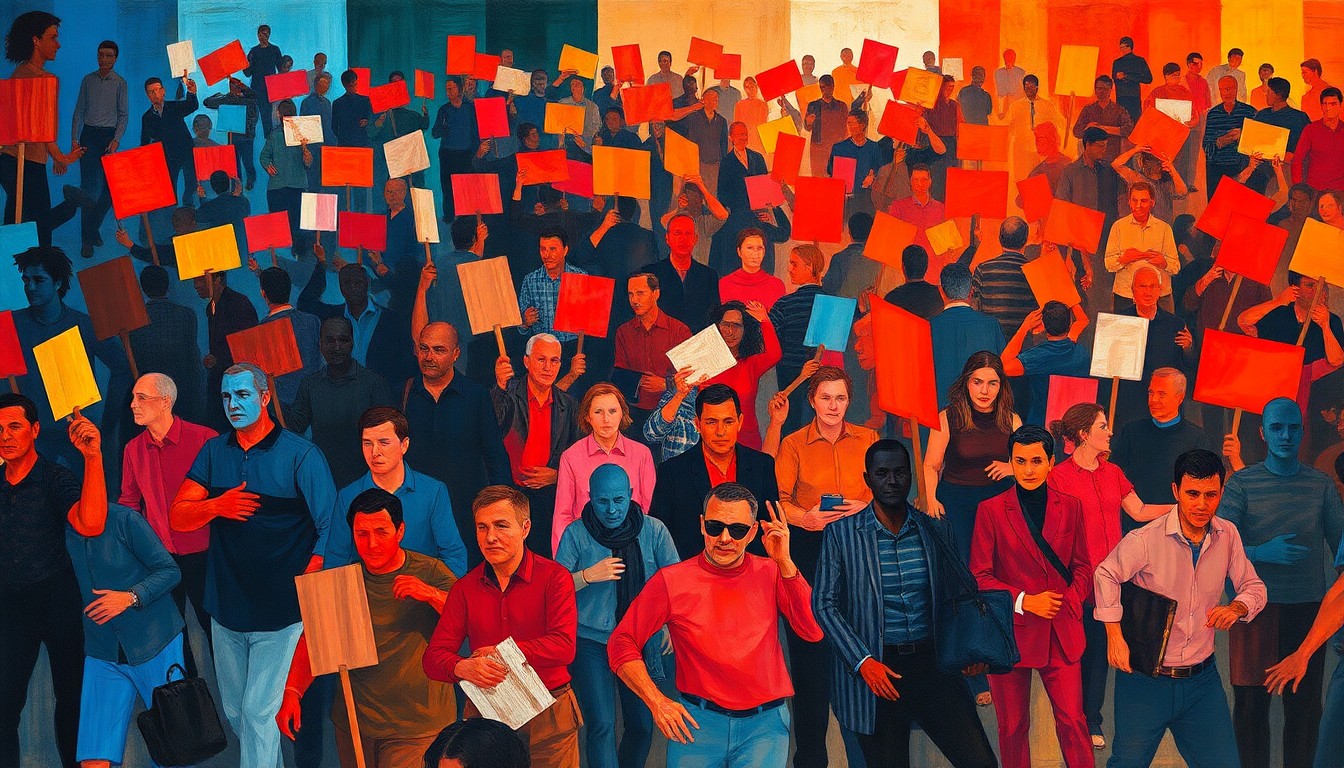 A dynamic, abstract painting of a crowd of protesters in motion, their figures repeated in overlapping, fractured, geometric waves of color, conveying the energy and confrontation of the 'No Kings' rally in Los Angeles.