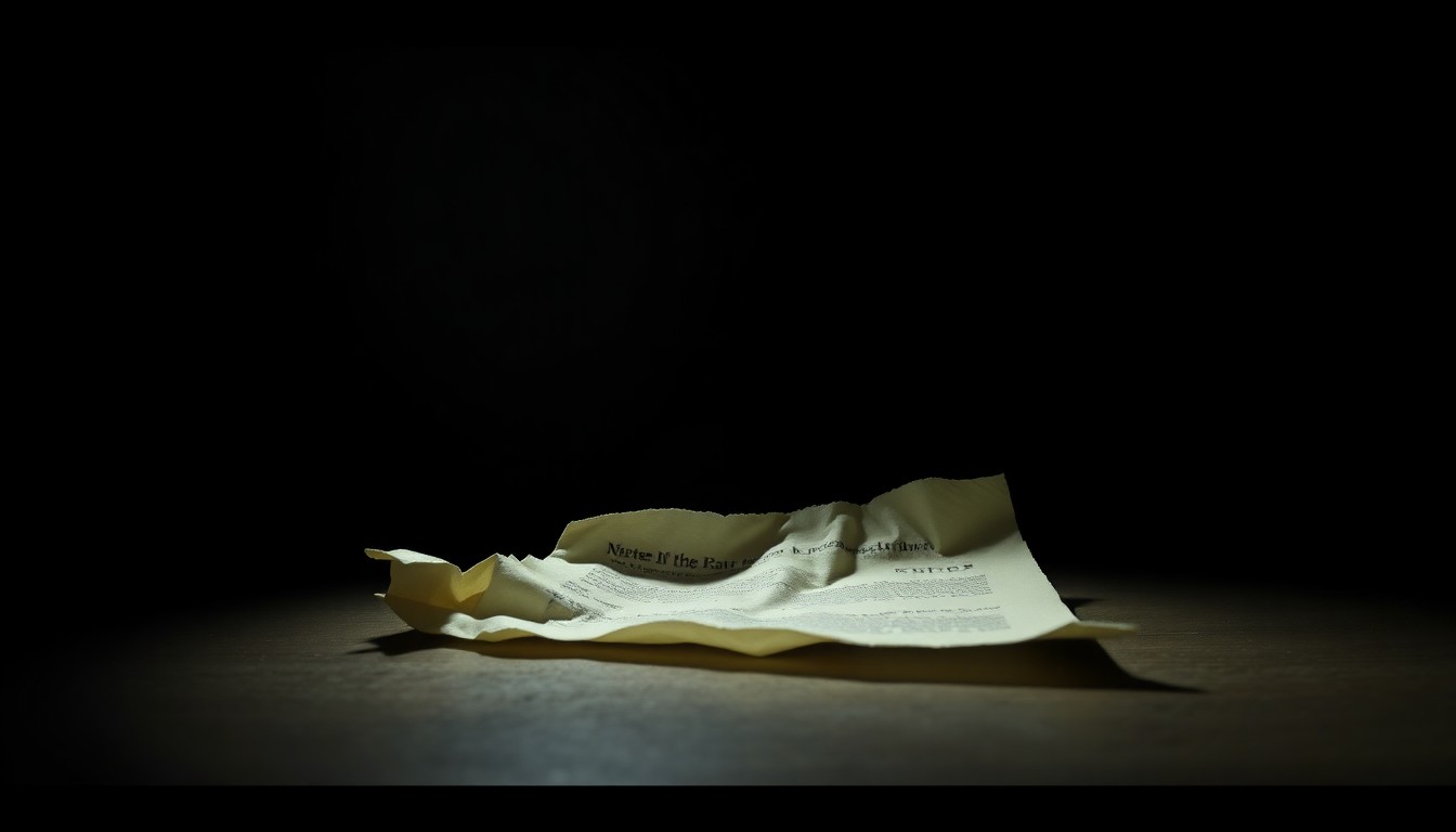 An extreme close-up photograph of a crumpled piece of paper, the surface texture and shadows dramatically illuminated by a harsh flash, conceptually representing the disturbing new developments in the Nancy Guthrie kidnapping case.