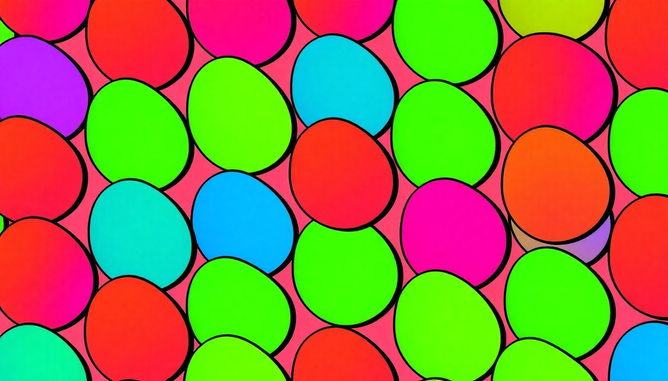 A brightly colored, high-contrast silkscreen print of a colorful Easter egg repeated in a tight grid pattern, conceptually representing the joyful energy and community spirit of the Eggstravaganza event.