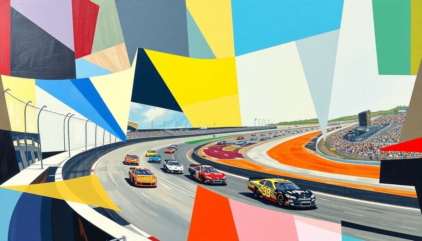 A cubist, geometric painting depicting a NASCAR race at Martinsville Speedway, with the cars and track broken down into sharp, overlapping planes of color without any recognizable details.