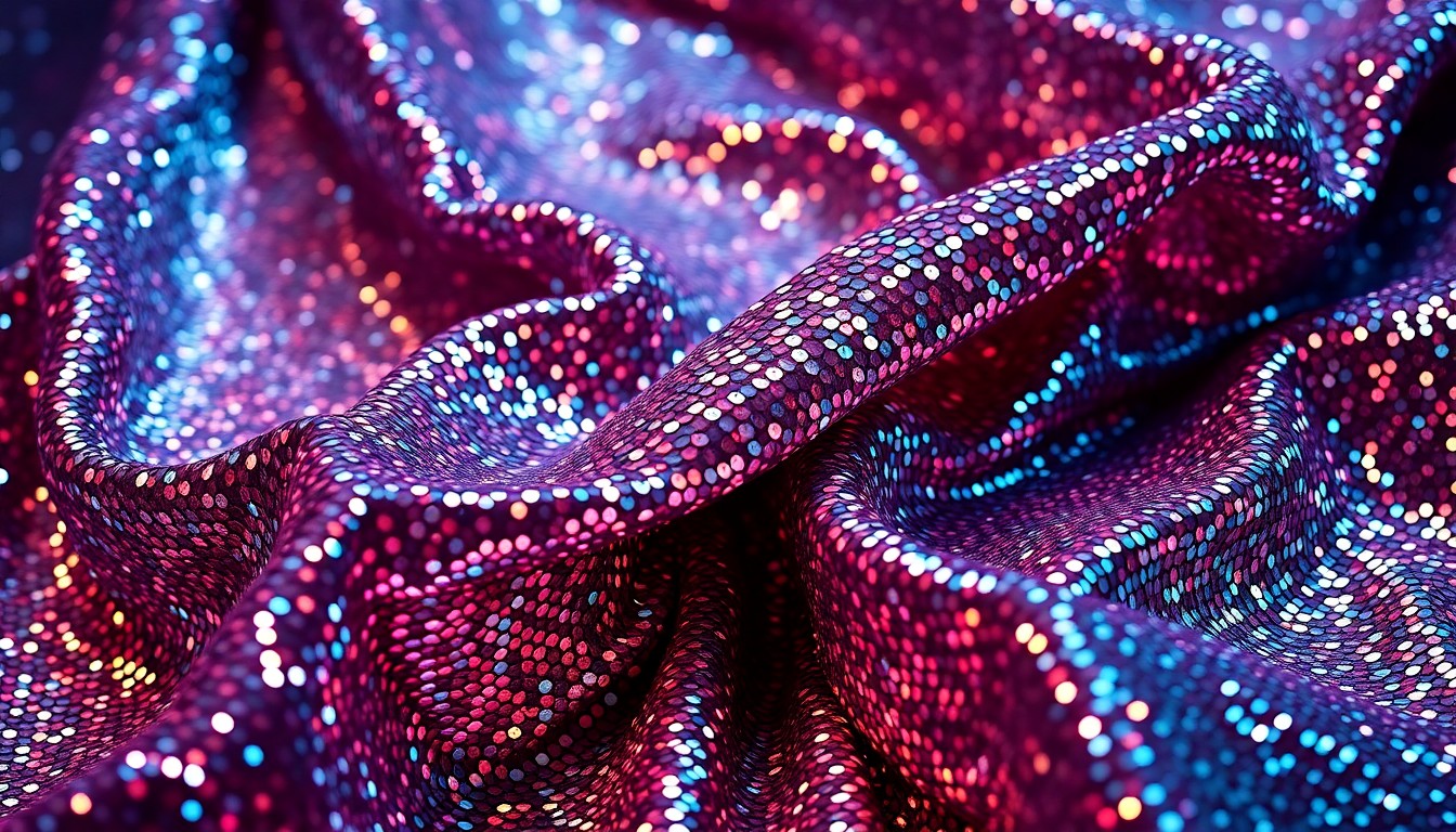 An extreme close-up of a crumpled, glittering sequin fabric illuminated by dramatic, high-contrast studio lighting, conceptually representing the glamour and entertainment industry that Alex Duong was a part of before his passing.