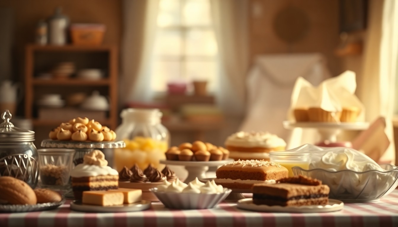 An abstracted, out-of-focus photograph of an assortment of baked goods and desserts on a table, with a warm, hazy glow surrounding the scene, conceptually representing the cozy, community-driven atmosphere of a local fundraiser.