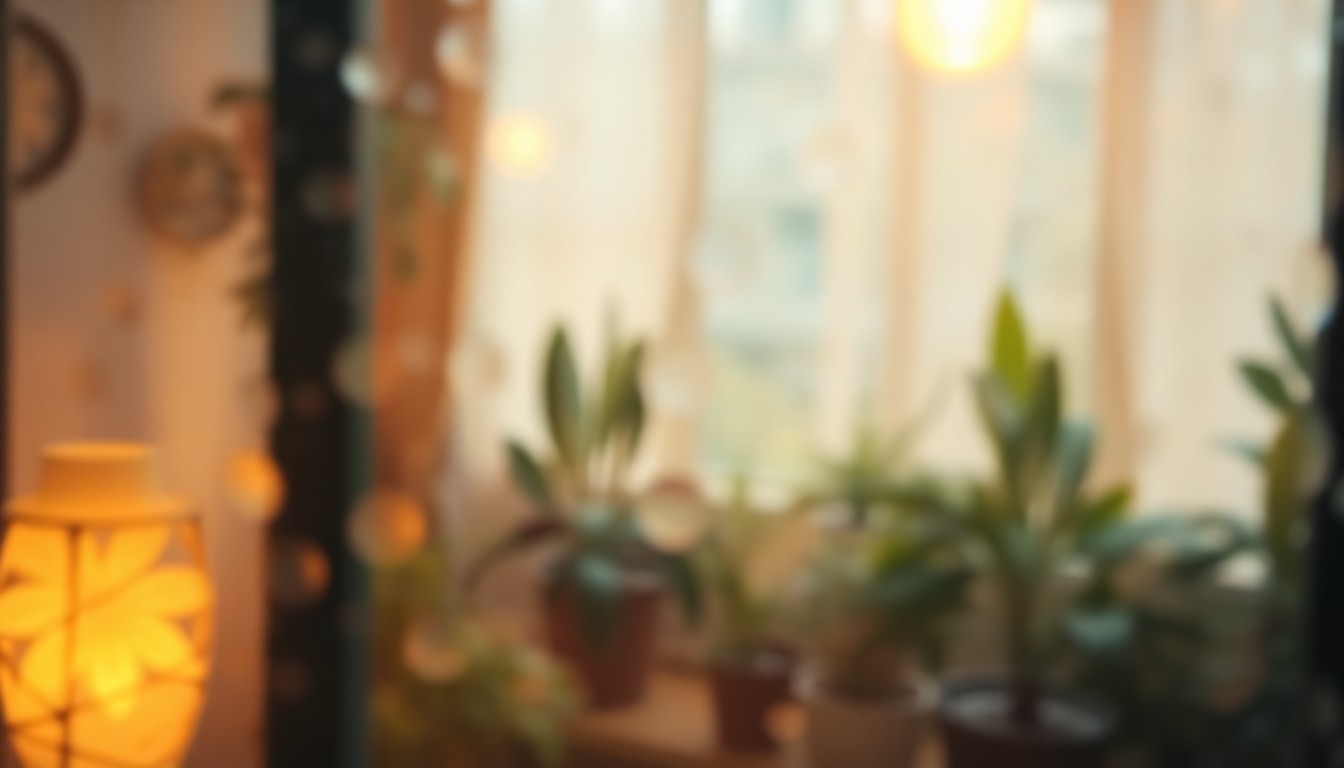 An abstract, impressionistic scene of soft, blurred light and color, evoking the cozy, plant-filled atmosphere of a community event celebrating Boulder's vegetarian culture.