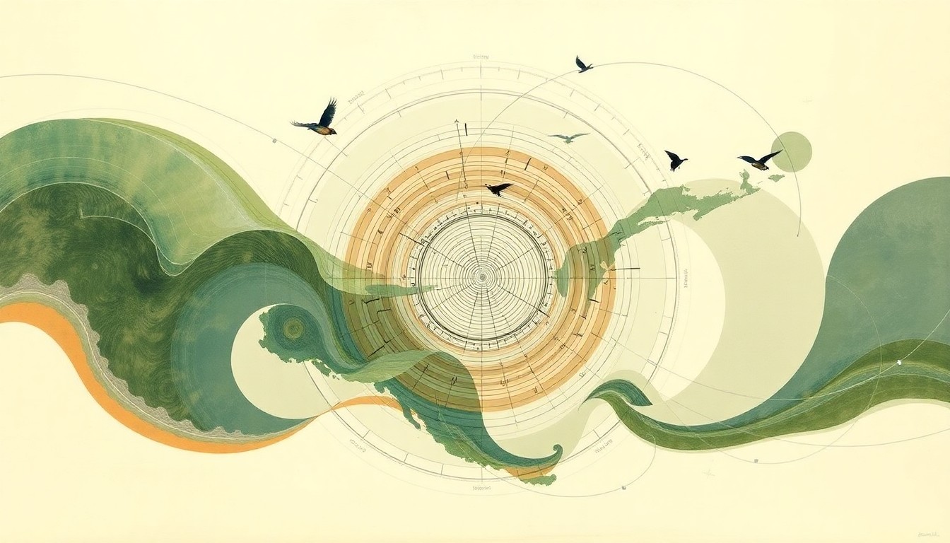 An abstract painting in soft, earthy tones of green, brown, and blue, featuring sweeping geometric arcs, concentric circles, and precise botanical spirals, conceptually representing the complex migratory patterns and habitat ranges of various bird species across North America.