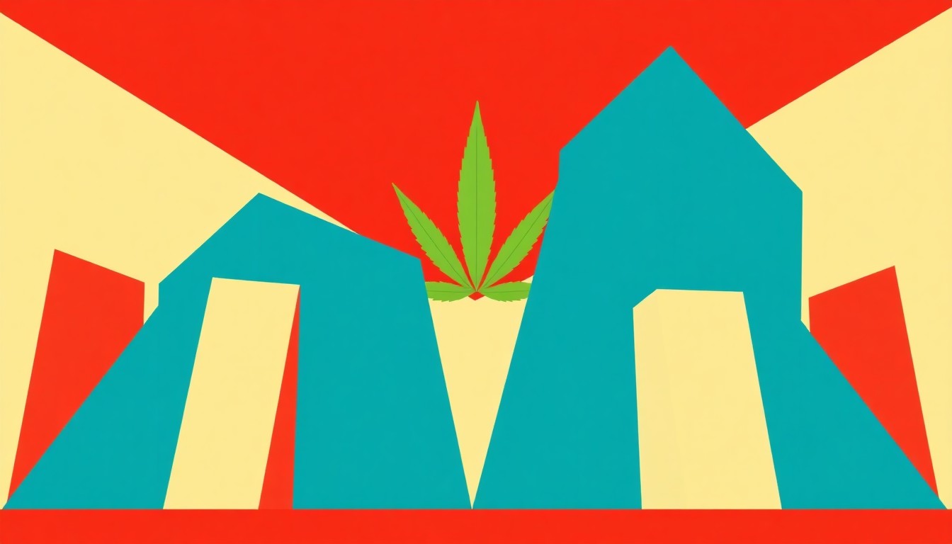 A composition of overlapping geometric shapes in shades of green, blue, and yellow, conceptually representing the complex tax burden on the legal cannabis industry.