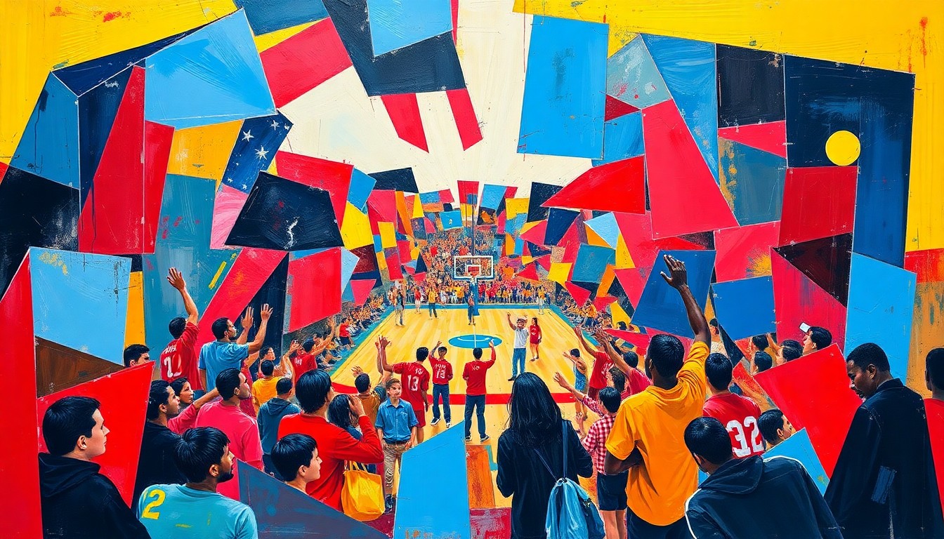 A fragmented, geometric painting in bold primary colors depicting an abstract sports scene, conveying the competitive spirit and skill of local high school athletes.