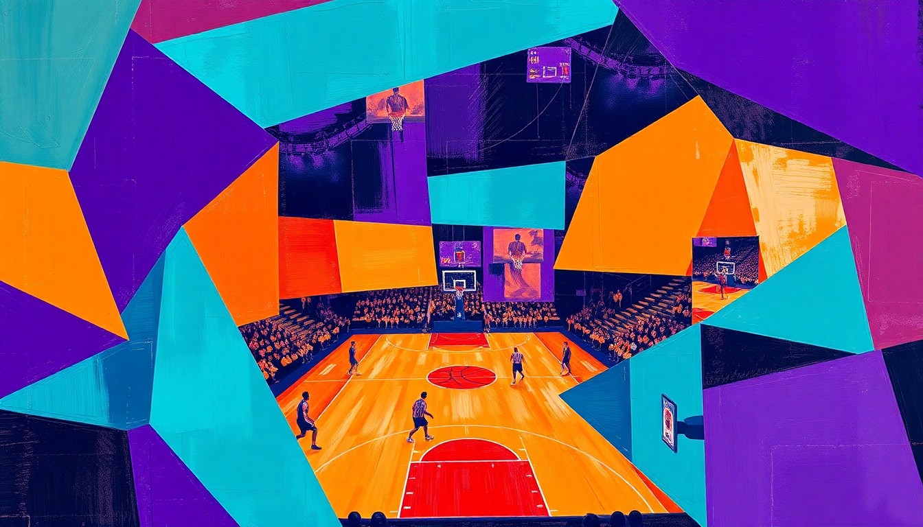 A cubist, geometric painting featuring sharp, overlapping shapes in shades of purple, orange, and teal, conceptually representing the breakdown of a basketball game.