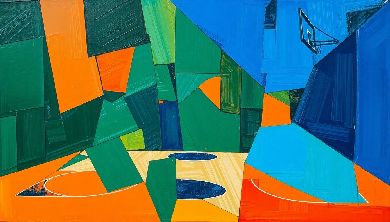 A fragmented, geometric painting depicting a basketball game or match, with sharp planes of deep green, royal blue, and bright orange colliding to represent the pivotal crossroads facing the Milwaukee Bucks organization.