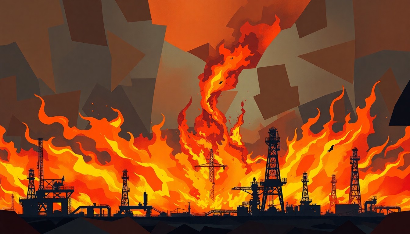 A highly stylized, fractured painting depicting an oil refinery in flames, with overlapping geometric shapes and waves of fiery colors, conveying a sense of chaos and escalating tensions in the region.