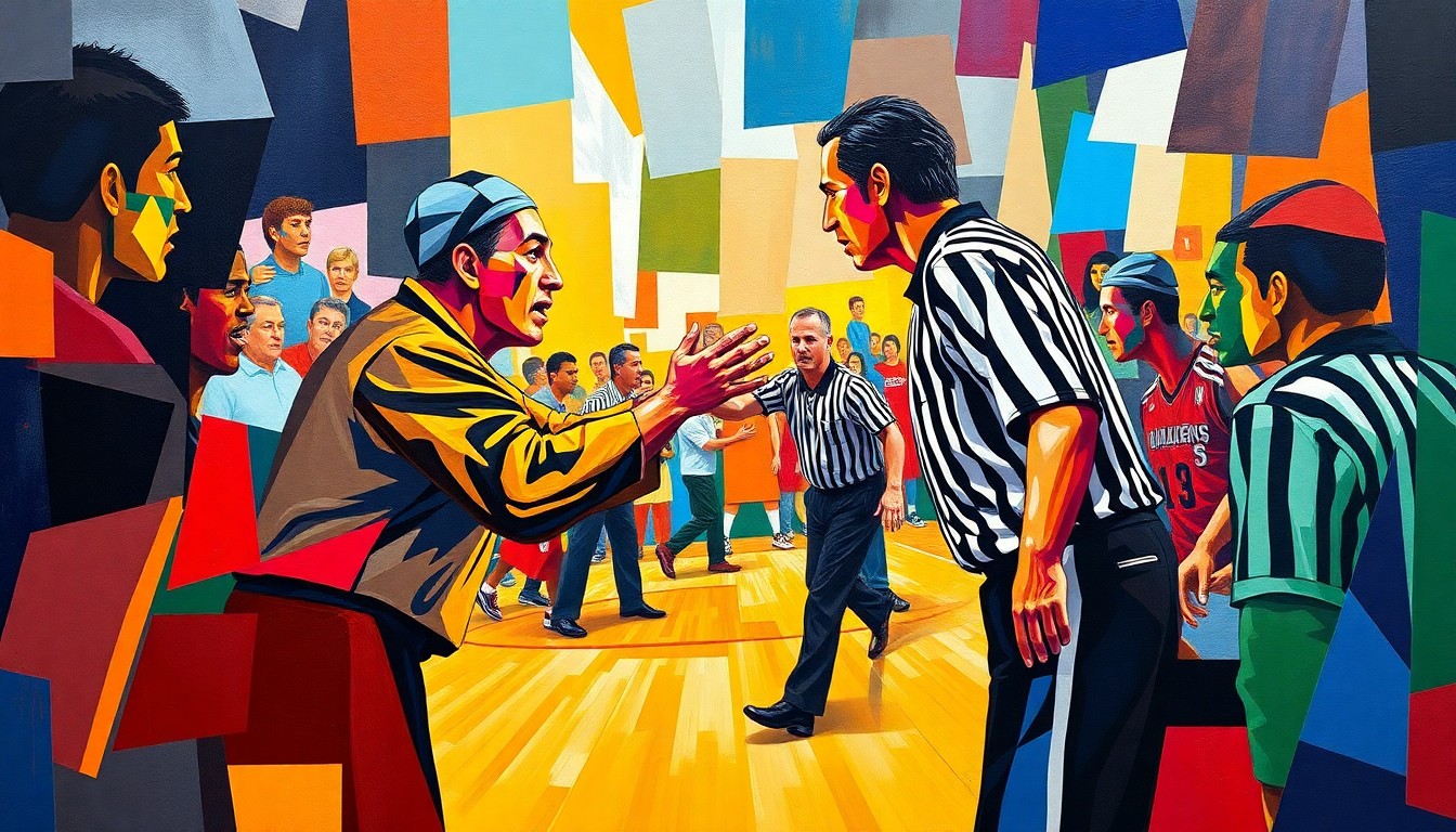 A fractured, multi-perspective painting in bold, clashing colors that deconstructs a heated basketball confrontation between a coach and referee into sharp, overlapping geometric shapes, conveying the intensity of the moment.