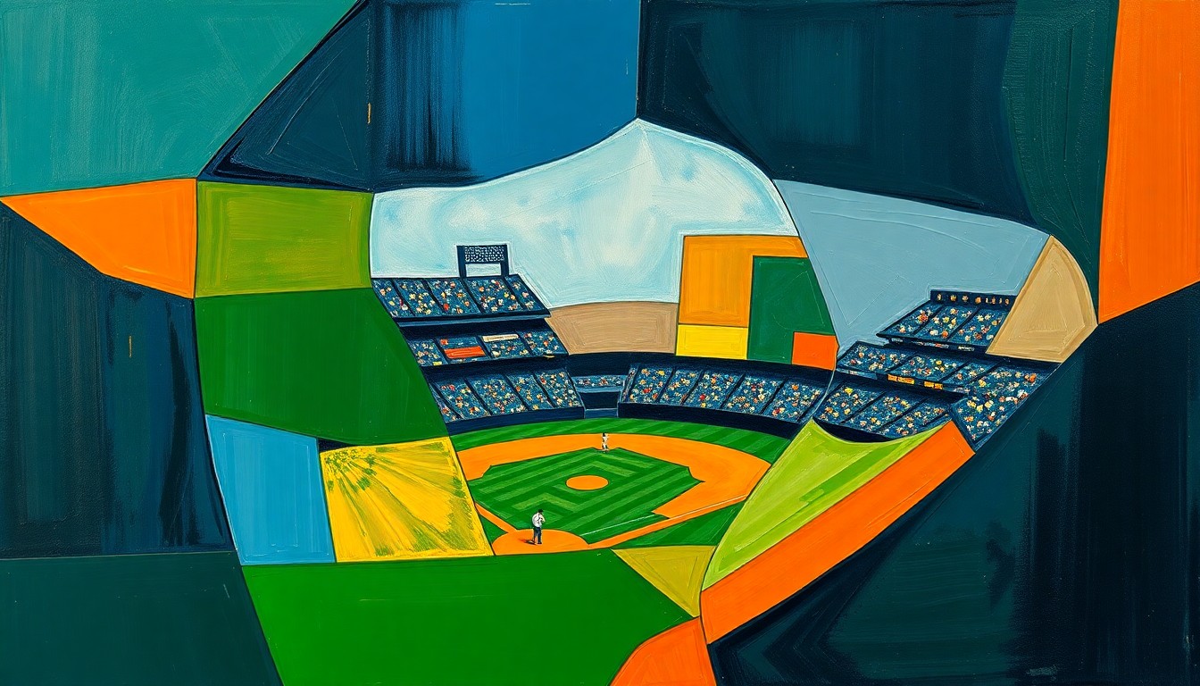 A cubist, geometric painting depicting a fragmented baseball game, with overlapping shapes and planes in navy, green, and orange hues, conveying the analytical nature of sports betting insights.