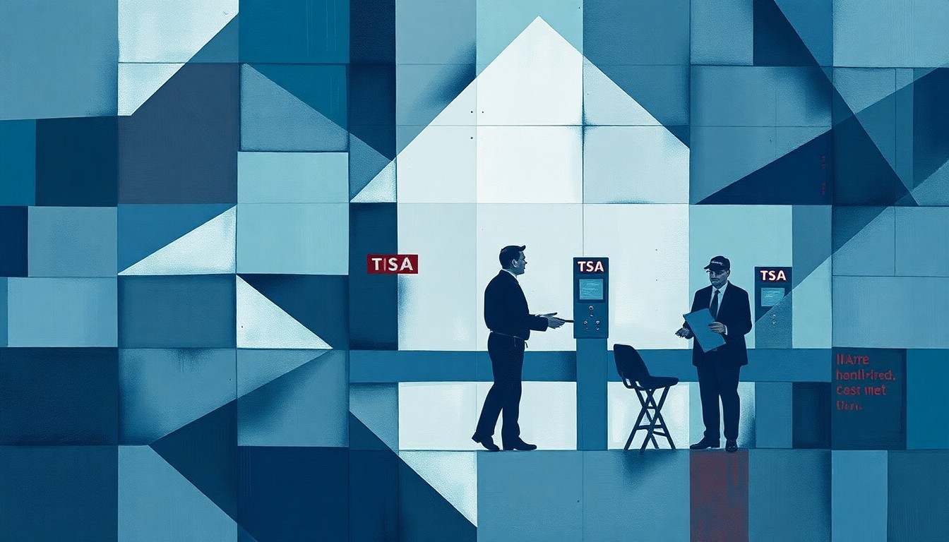 A dynamic, abstract painting depicting a fractured, overlapping scene of a TSA security checkpoint, with repeating geometric shapes in shades of blue, grey, and red, conveying the chaotic impact of government shutdowns on air travel.