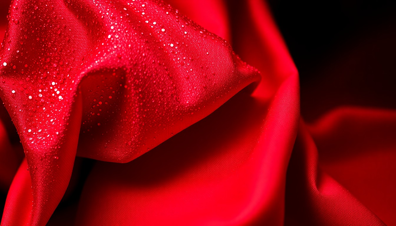An extreme close-up of a crumpled, glittering piece of fabric in shades of red, white, and black, conceptually representing the glamour and rebellion of the 1960s counterculture movement.