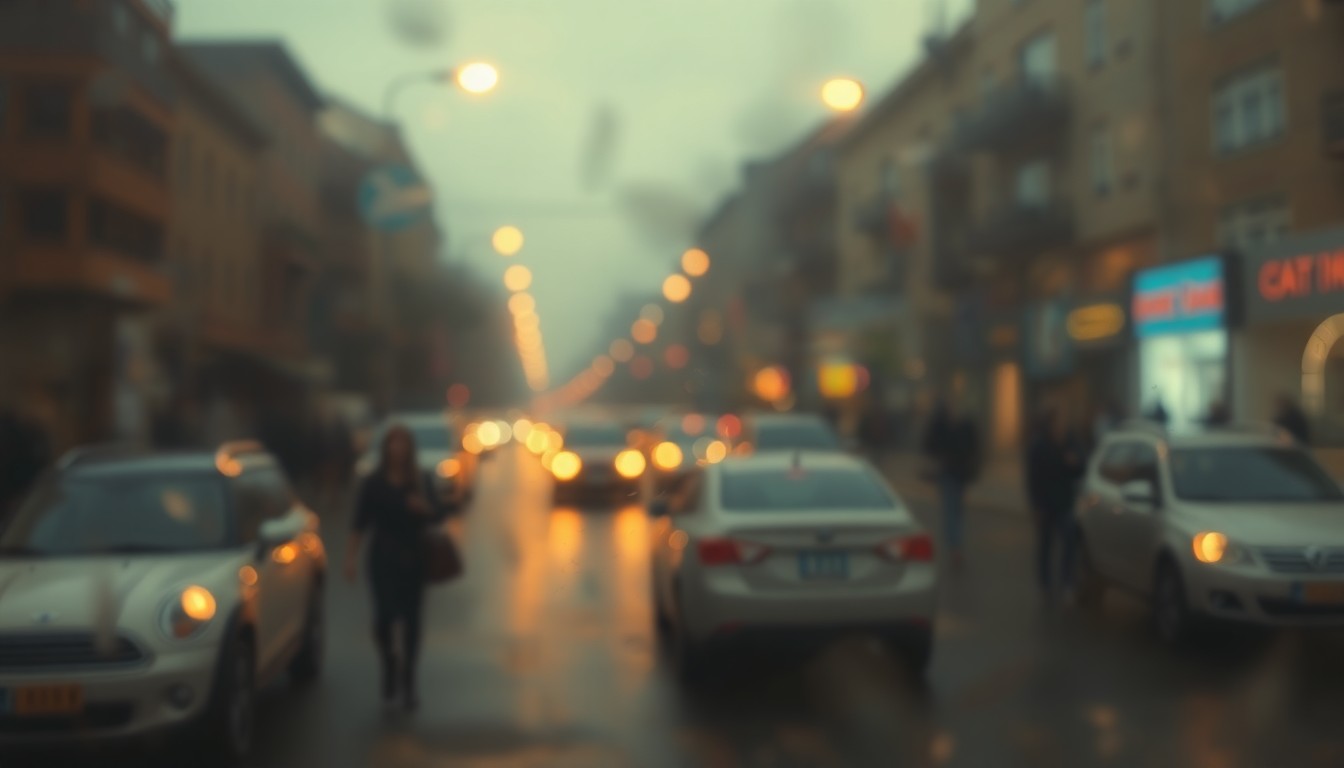 An abstract, out-of-focus photograph depicting a hazy, dreamlike street scene with blurred streetlights, parked cars, and the faint silhouettes of pedestrians, all in a warm, muted color palette, conceptually representing the routine yet important task of street sweeping in an urban environment.