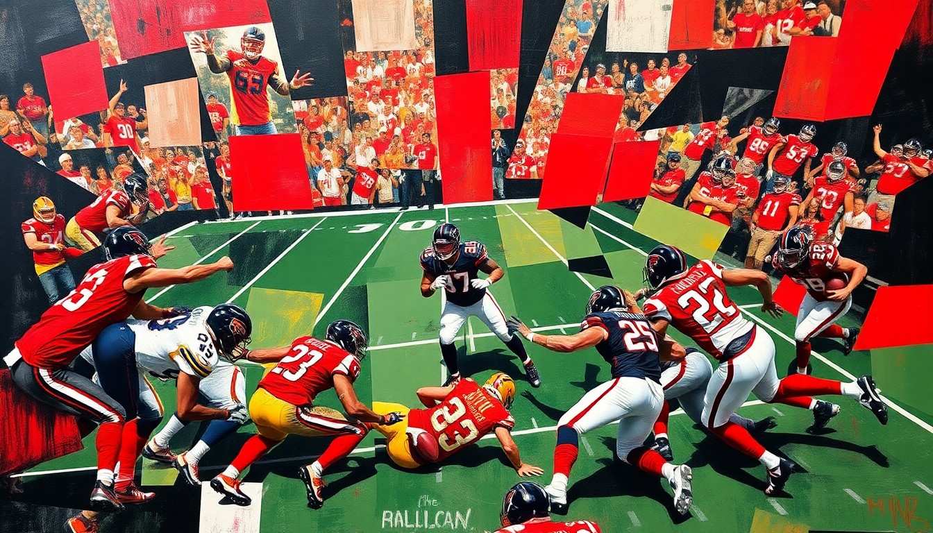 A fragmented, geometric painting depicting an intense football game, with players, ball, and field rendered in sharp, overlapping planes of red, black, and white - the official colors of the Atlanta Falcons.