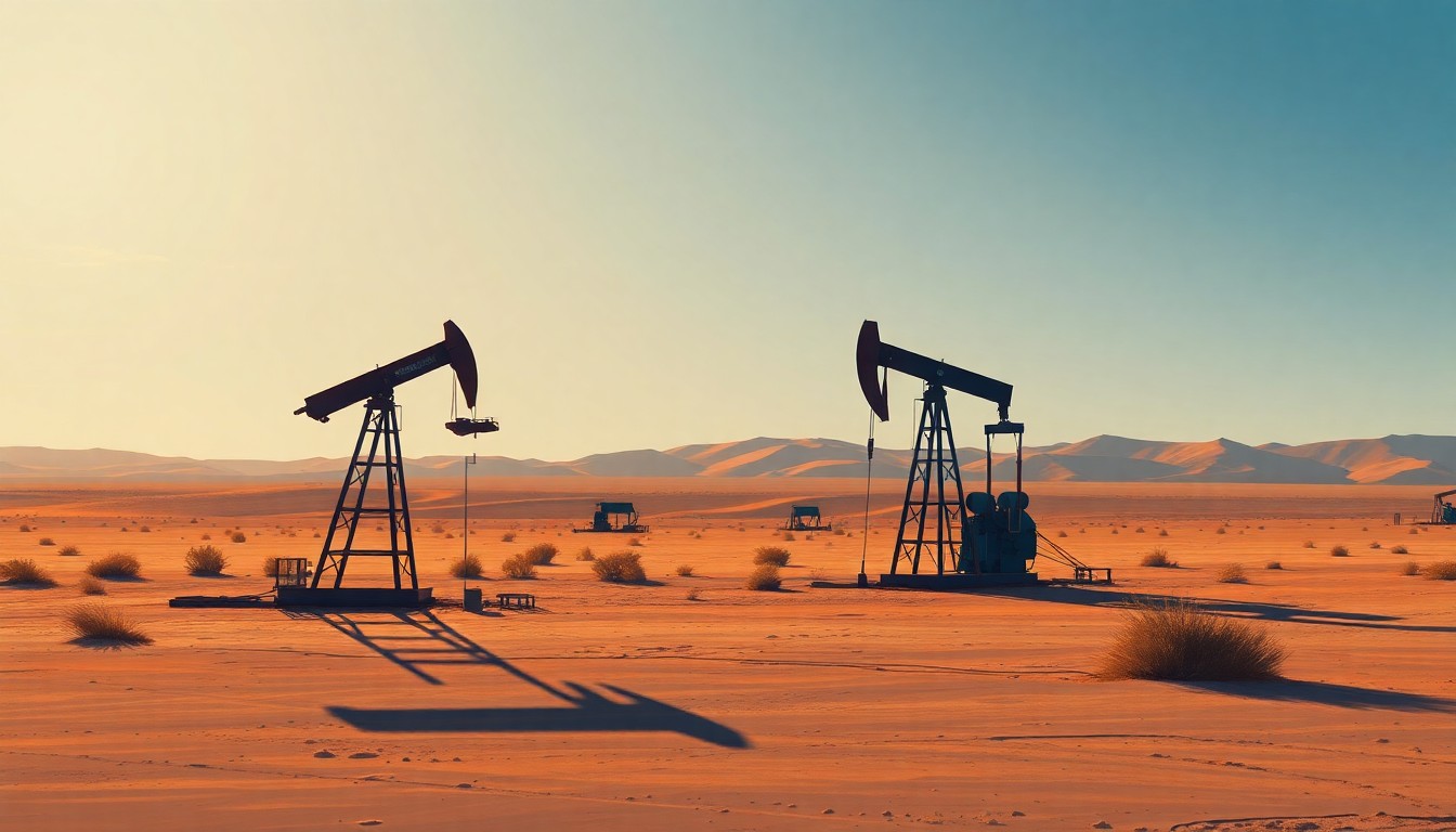 A serene, photorealistic painting of an oil well pump in a desert setting, with warm sunlight casting dramatic shadows across the scene, conveying a sense of tension and uncertainty surrounding the geopolitical crisis.