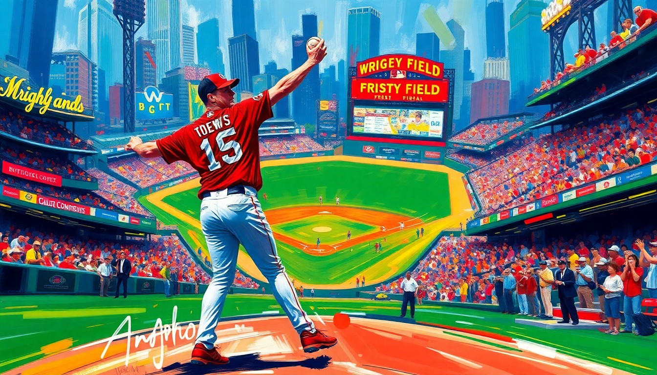 An extreme close-up of Jonathan Toews' throwing motion, captured in a vibrant, expressionist style with neon colors and rapid brushstrokes, conveying the raw energy and excitement of the ceremonial first pitch at Wrigley Field.