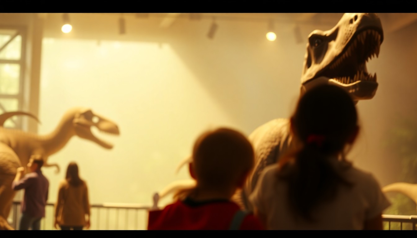 An abstract, out-of-focus photograph in warm, hazy tones depicting a family exploring a dinosaur exhibit, with blurred figures and shapes in the background, conveying a sense of wonder and discovery.