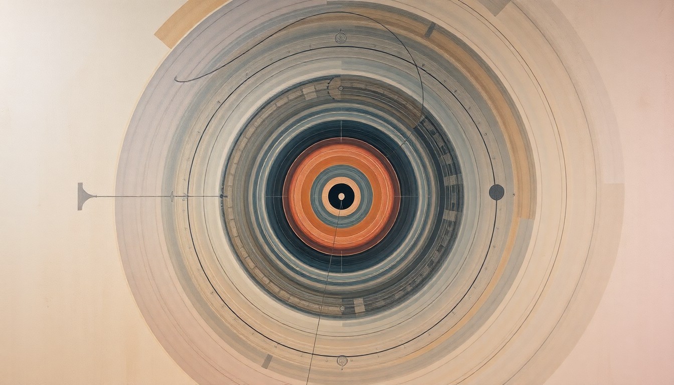 A highly structured abstract painting in soft, flat colors depicting sweeping geometric arcs, concentric circles, and precise spirals, conceptually representing the integration of advanced laser and ion trap technologies to shrink the size of quantum computing hardware.