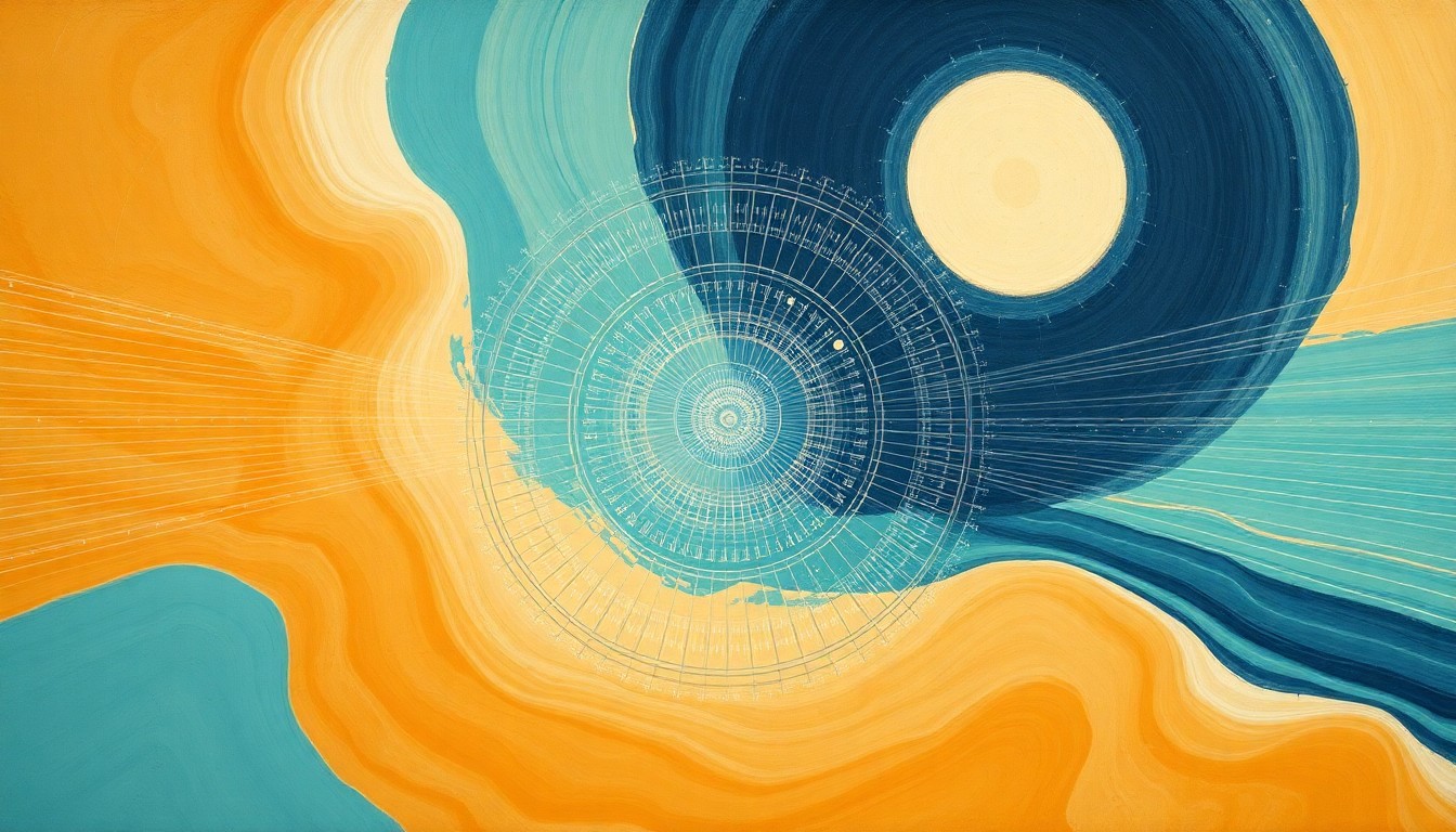 A bold, abstract painting in the style of Hilma af Klint, depicting a complex network of intersecting geometric shapes and spirals in earthy tones, representing the scale and structure of Space42's planned satellite constellations.