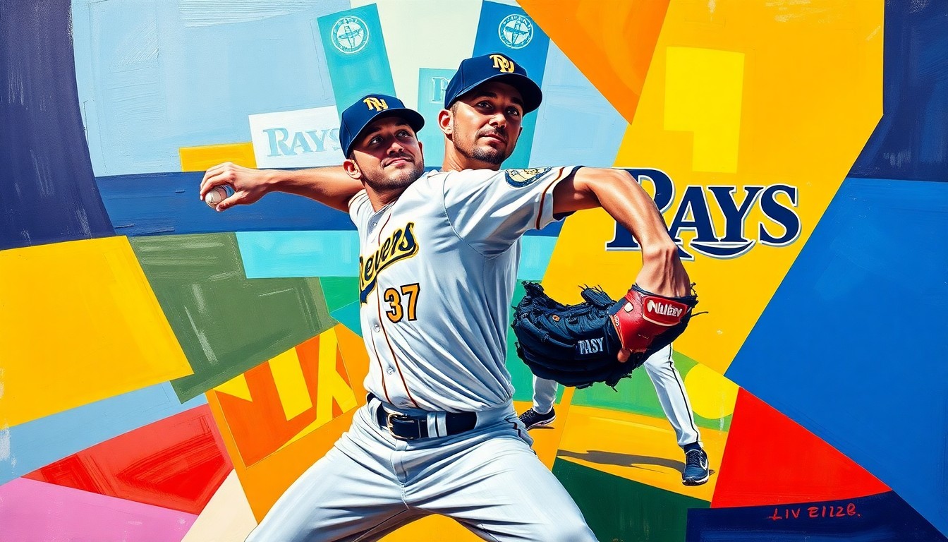 A fragmented, geometric painting depicting a baseball pitcher's windup and delivery, with sharp planes of color representing the uniforms of the Brewers and Rays players.