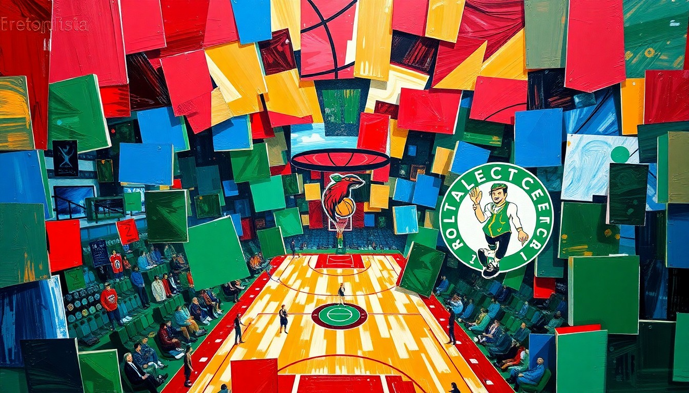 A cubist-style painting depicting a basketball game between the Atlanta Hawks and Boston Celtics, with the players and court broken down into overlapping geometric shapes and planes of color.
