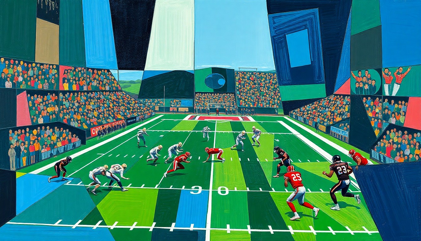 A cubist, geometric painting depicting a college football game, with players and the field abstracted into sharp, overlapping planes of color in blues, greens, and reds.