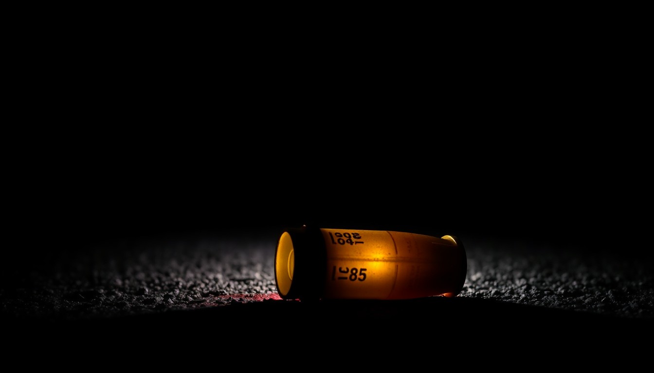 An extreme close-up photograph of a spent shell casing on the ground, lit by a harsh, direct camera flash against a pitch-black background, conveying a stark, gritty, investigative aesthetic.
