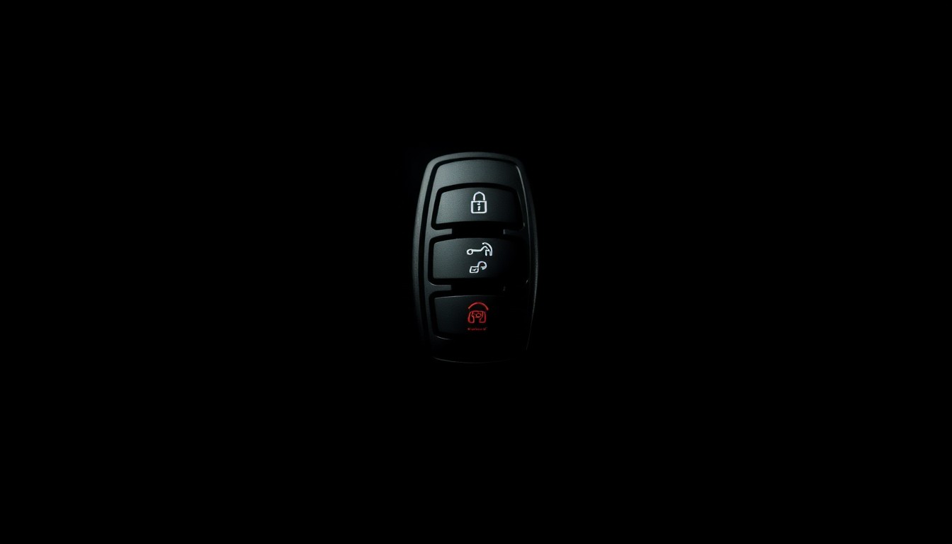 An extreme close-up photograph of a car key fob against a pitch-black background, the harsh flash creating a stark, gritty, investigative aesthetic that conceptually represents the car theft crisis.