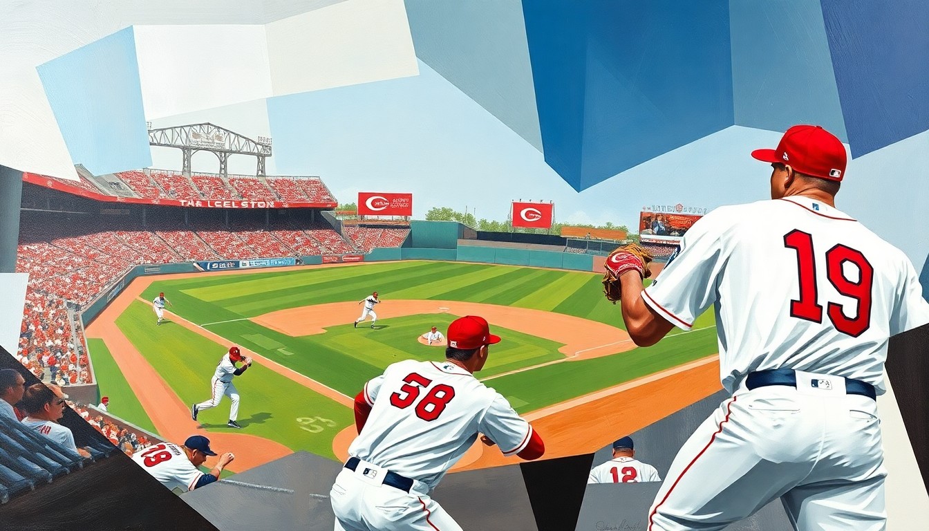 A fragmented, geometric painting in shades of red, white, and navy blue, depicting abstracted baseball players and field elements in a dynamic, multi-angled composition, conveying the intensity of the Red Sox's opening series defeat.