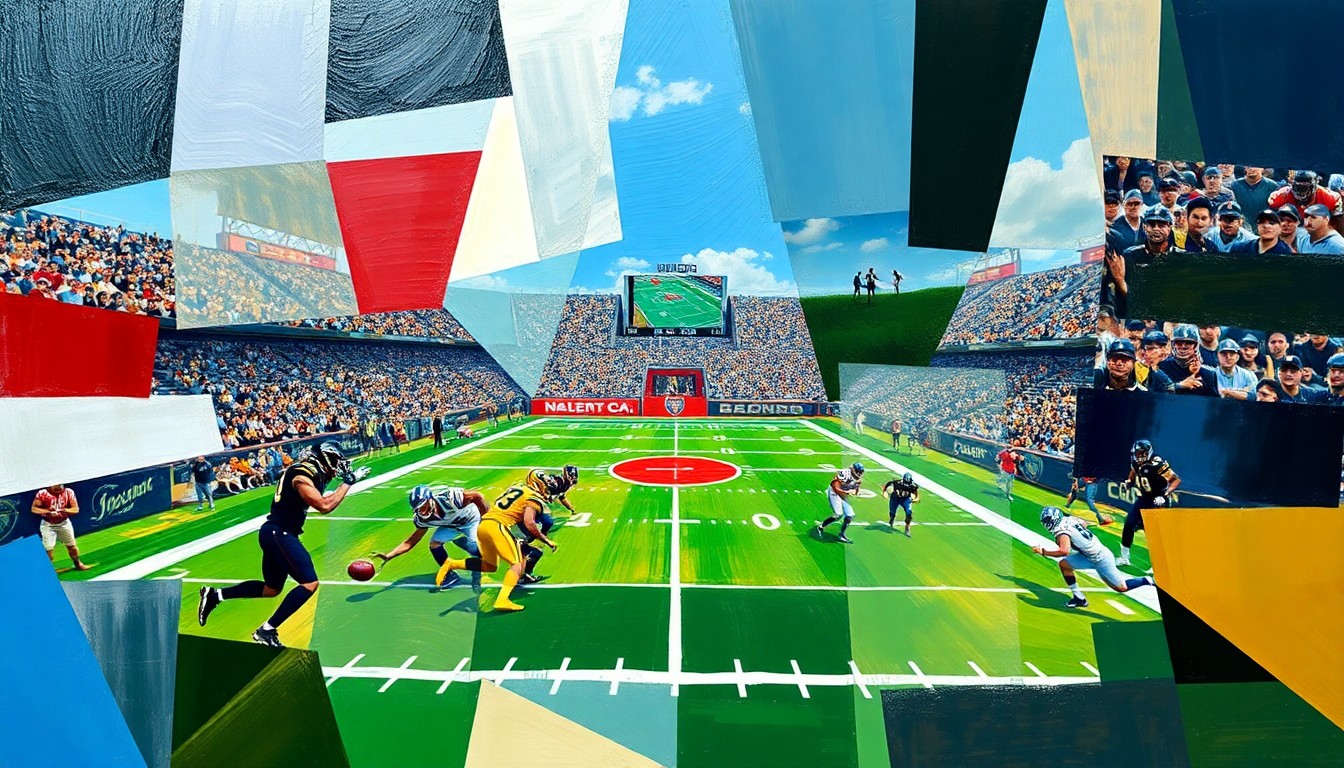 A cubist, geometric painting depicting a fragmented, multi-angled view of a football game, conceptually representing the disruption and uncertainty that could arise from using replacement referees.