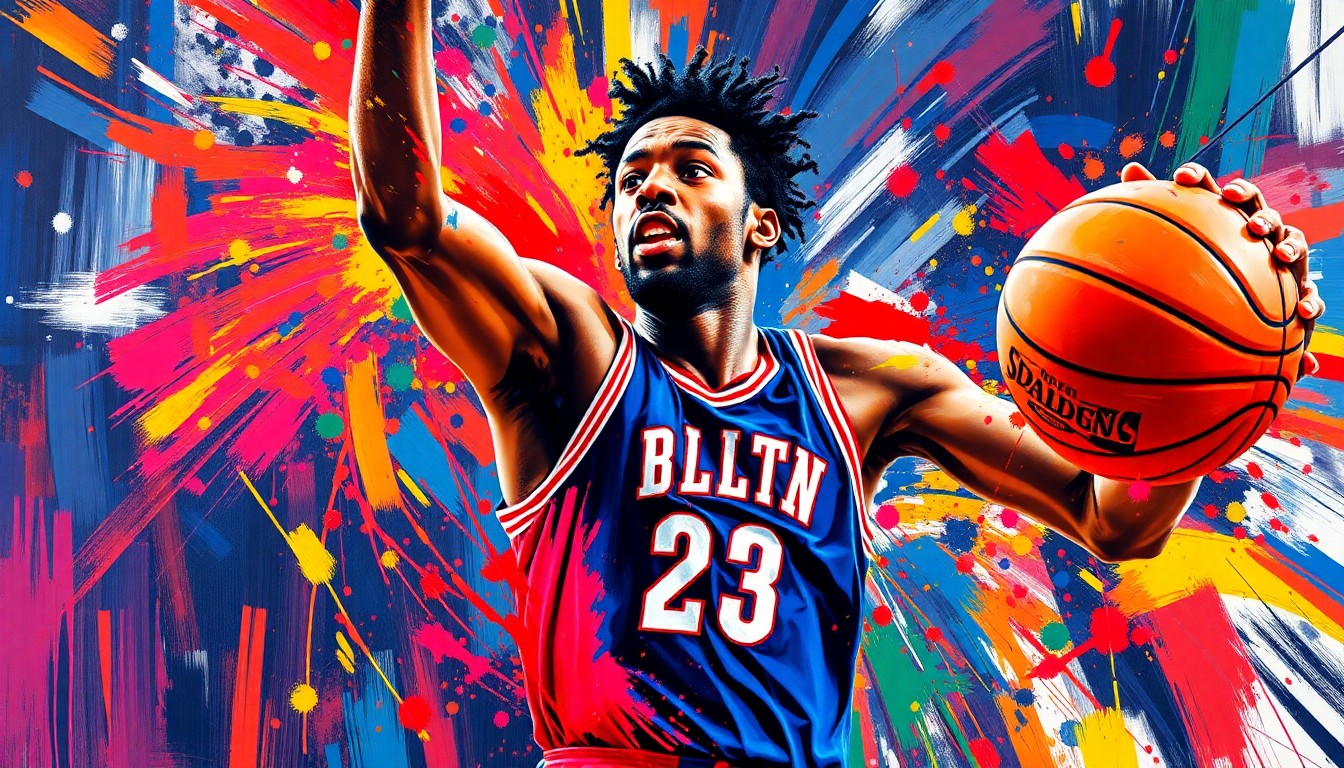 An abstract, expressionist painting in neon colors depicting the dynamic movements of a basketball player driving to the hoop, with the player's face and jersey dissolving into vibrant brushstrokes.