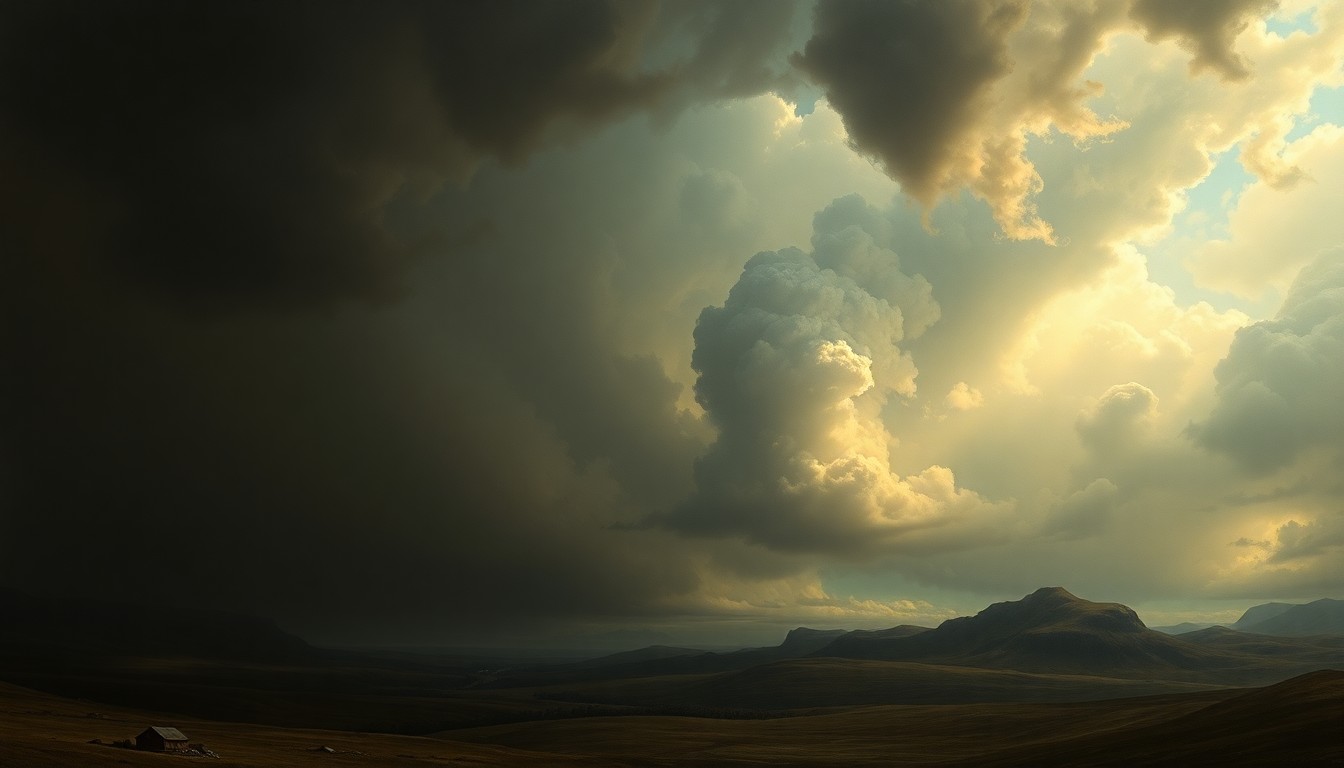 A sweeping, atmospheric landscape painting depicting a massive, ominous storm system moving in, with dark clouds and dramatic lighting dominating the scene and dwarfing any physical structures or objects in the foreground.